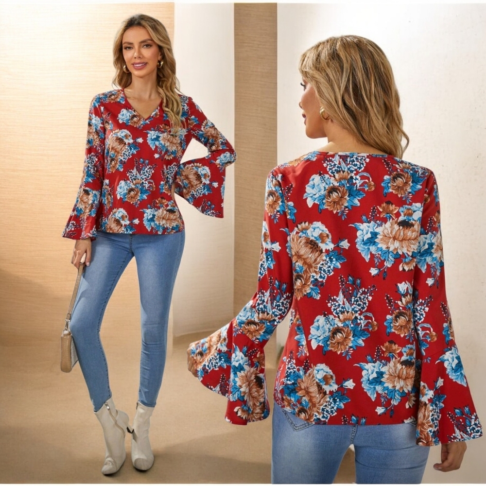 Like New ❤️ Women's Multicolored Red Floral Print Relaxed Bell Sleeves Blouse